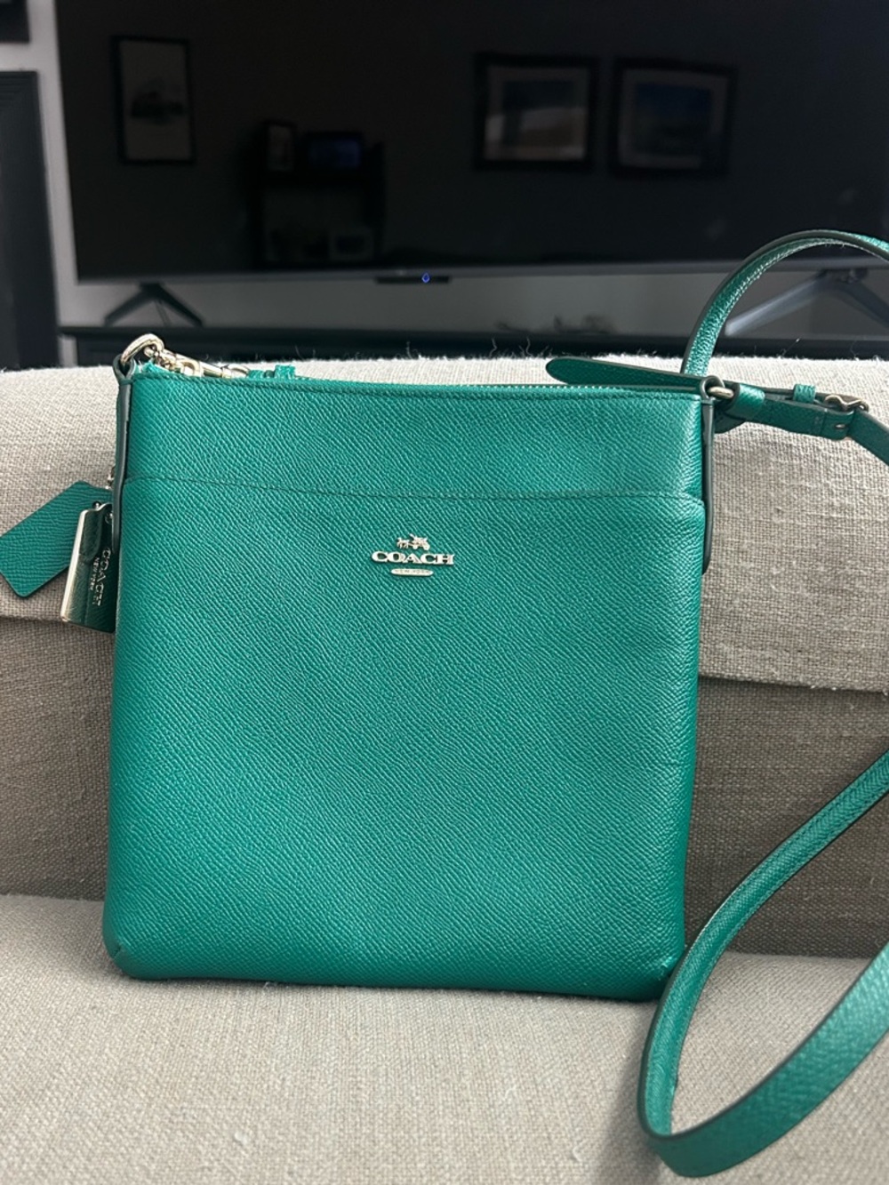EUC Coach Green Leather Crossbody Gold Hardware Adjustable Strap Zip Closure